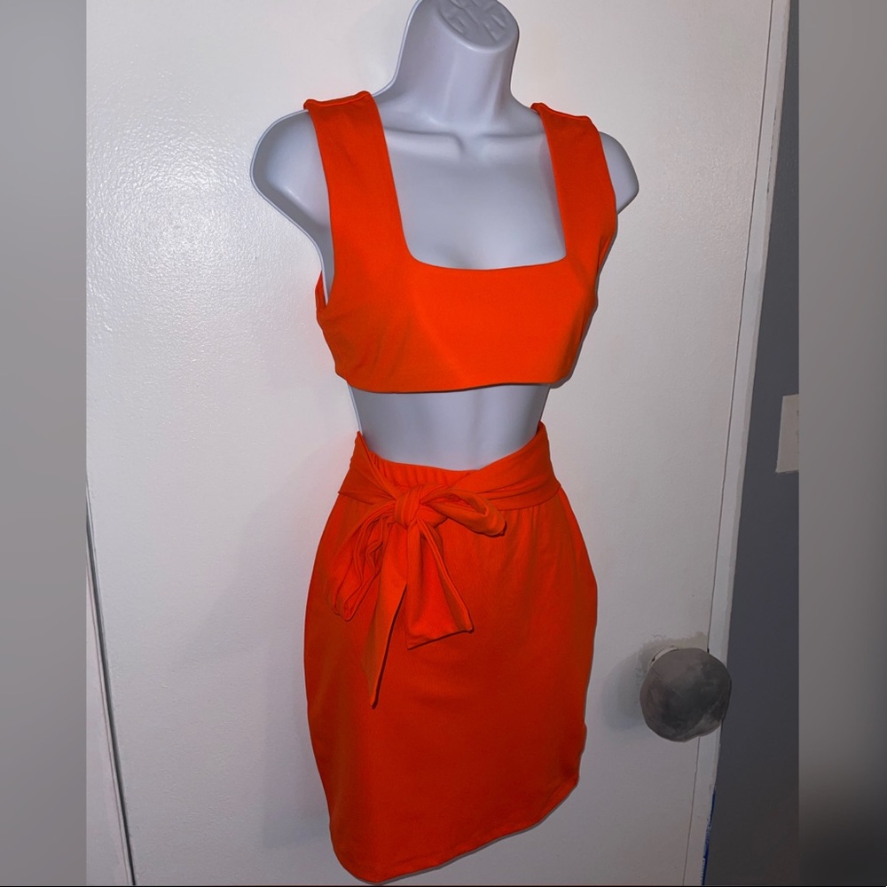 Bright Orange Two Piece Skirt Set